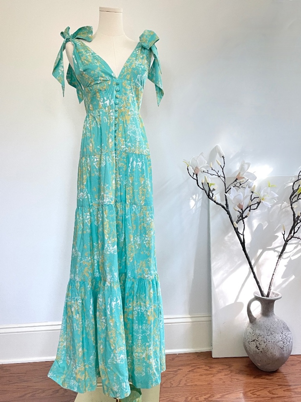 Luxxel Tiered Cotton Maxi Dress S Aqua Resort Beach Boho Tie Shoulder Slit Front